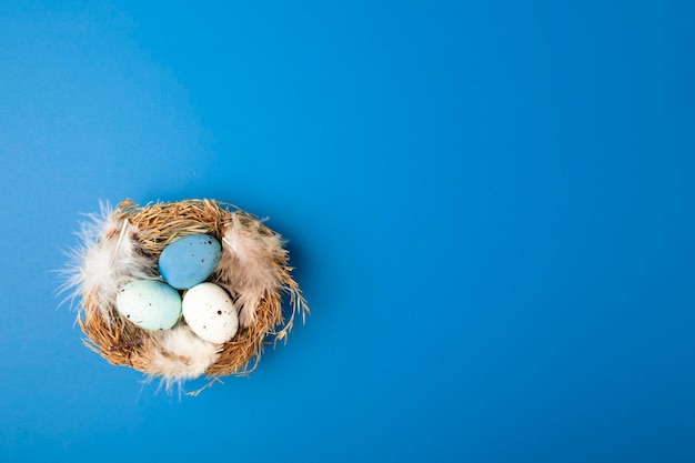 Kleurrijke eieren in een nest op blauwe achtergrond gelukkig lente pasen concept