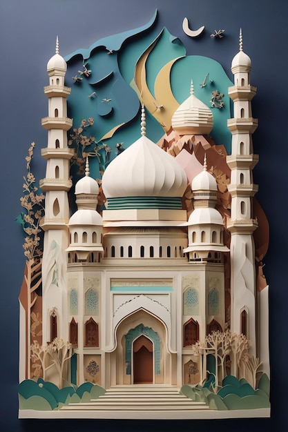 Kleurrijke elegante pop papier kunststijl Masjid illustratie