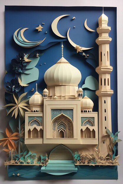 Kleurrijke elegante pop papier kunststijl Masjid illustratie