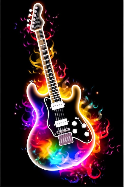 Kleurrijke elektrische gitaar met neonlichtachtergrond