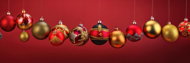 Kleurrijke en feestelijke kerstballen banner op rode achtergrond