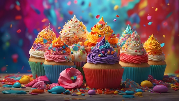 Kleurrijke en levendige cupcake achtergrond met verschillende smaken besprenkelingen en glazuur visueel app