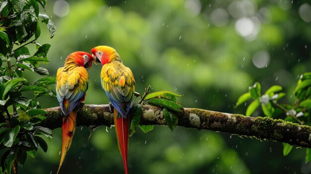 Kleurrijke en levendige tropische vogels zitten sierlijk op een weelderige boomtak in het regenwoud