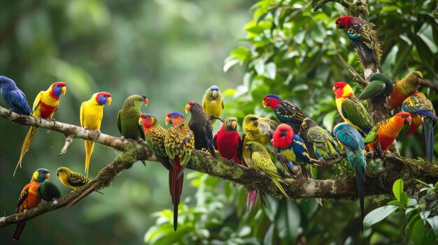 Kleurrijke en levendige tropische vogels zitten sierlijk op een weelderige boomtak in het regenwoud