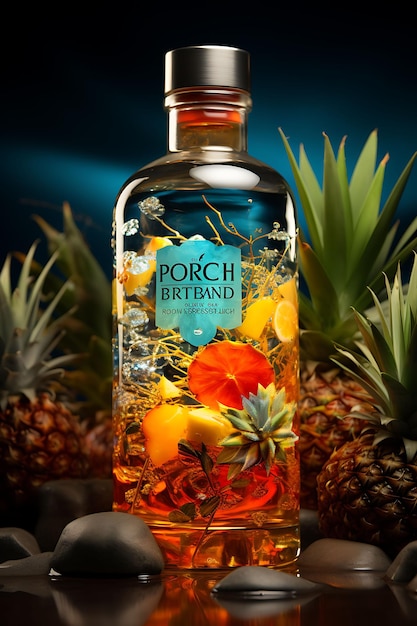Kleurrijke exotische kokosnoot ananas fusion rum met een strand geïnspireerd co creatief concept ideeën ontwerp