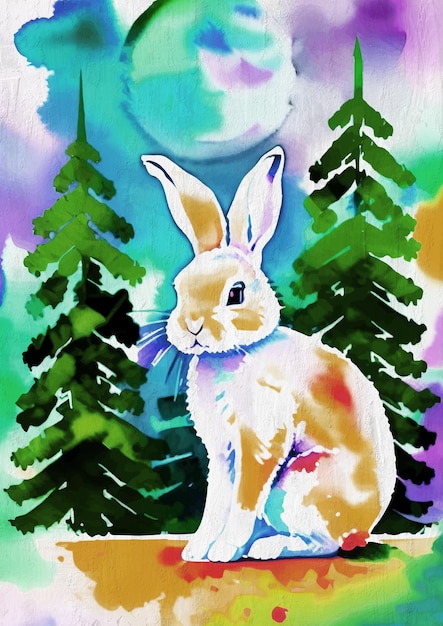 Kleurrijke fantasie aquarel konijn schilderij
