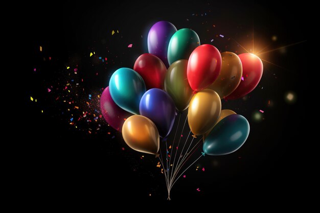 Kleurrijke feestballonnen met confetti en linten op een zwarte achtergrond Generatieve AI