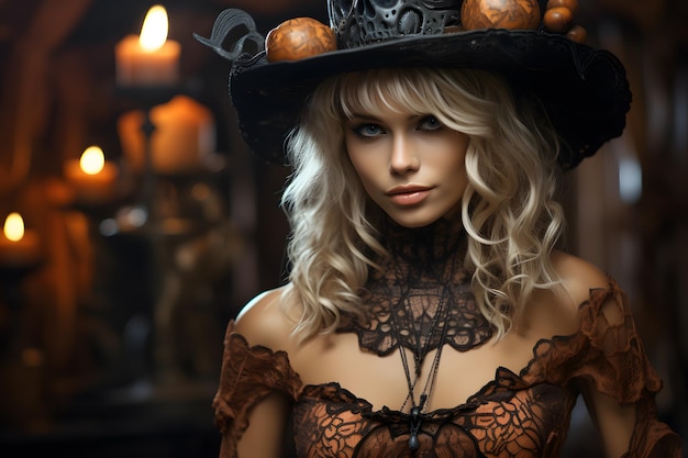 Kleurrijke foto van een mooi blond meisje tijdens Halloween