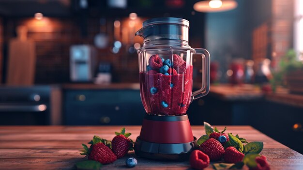 Kleurrijke fruit gevulde blender op tafel Arbeidersdag