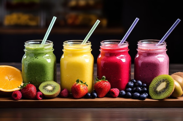 Kleurrijke fruit-smoothies in glazen potten