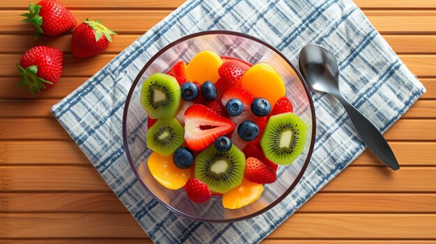 Foto kleurrijke fruitsalade in een bowl van helder glas