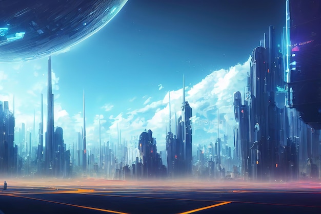 Kleurrijke futuristische Cyberpunk metaverse stad achtergrond Concept art Digitaal schilderen