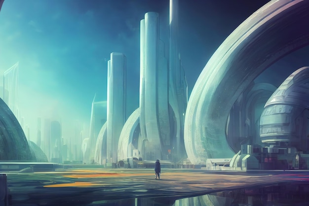 Kleurrijke futuristische Cyberpunk metaverse stad achtergrond Concept art Digitaal schilderen