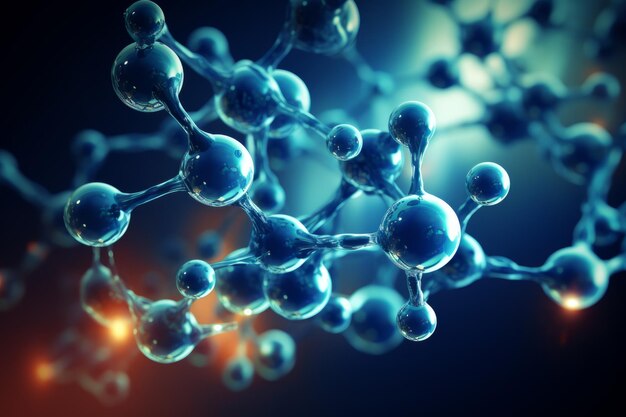 Foto kleurrijke gedetailleerde weergave van het molecuul wetenschappelijke afbeelding van het celmembraan macro-opname van vloeibare stoffen abstracte atoomstructuur van het molecule biologie fysica of chemie abstract achtergrond