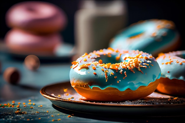 Kleurrijke geglazuurde donuts met hagelslag op een donkere achtergrond selectieve focus Generatieve AI