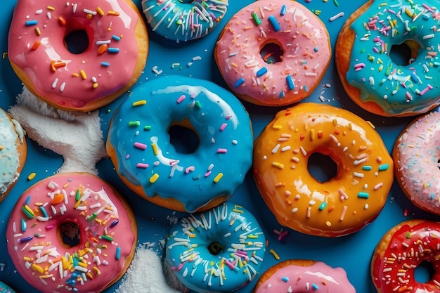 Kleurrijke geglazuurde donuts met spetteringen op blauwe achtergrond