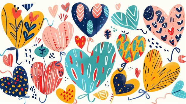 Foto kleurrijke geïllustreerde harten met verschillende patronen en versieringen