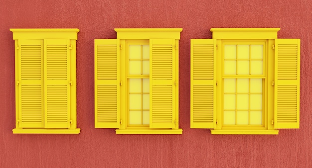 Kleurrijke gele geopend en gesloten venster geïsoleerd op rode achtergrond.