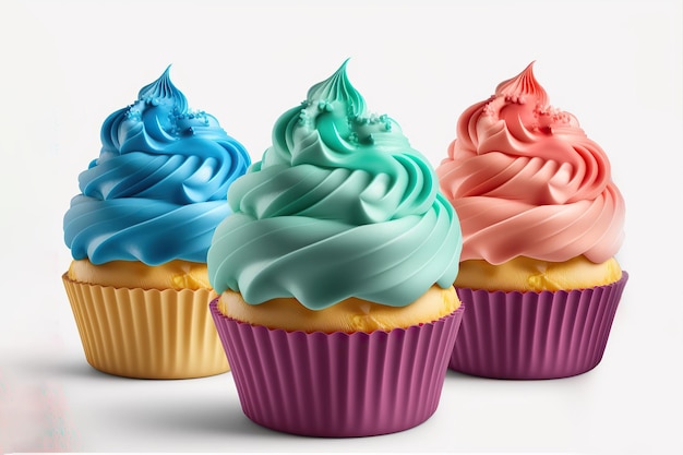 Kleurrijke gelukkige verjaardag cupcakes, op geïsoleerde achtergrond, generatieve ai