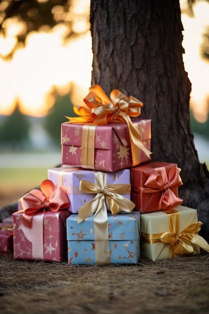 Kleurrijke geschenkdozen en linten gestapeld onder een boom