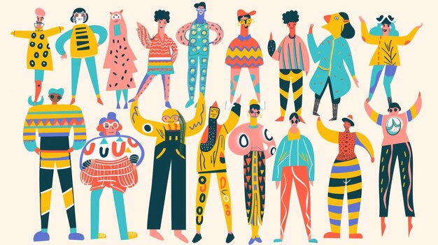 Foto kleurrijke gestileerde personages in grillige outfits poseren speels in een illustratie