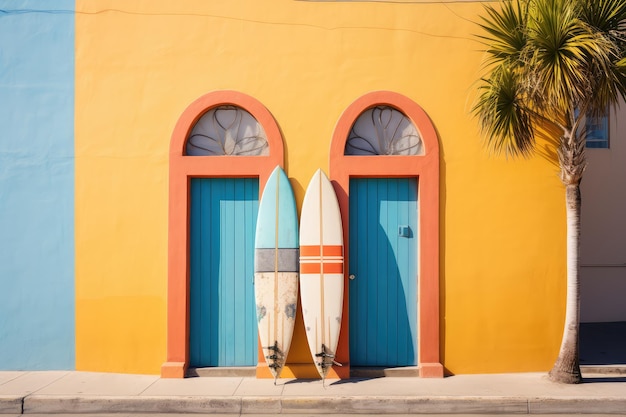 Kleurrijke gevelmuur met surfplanken