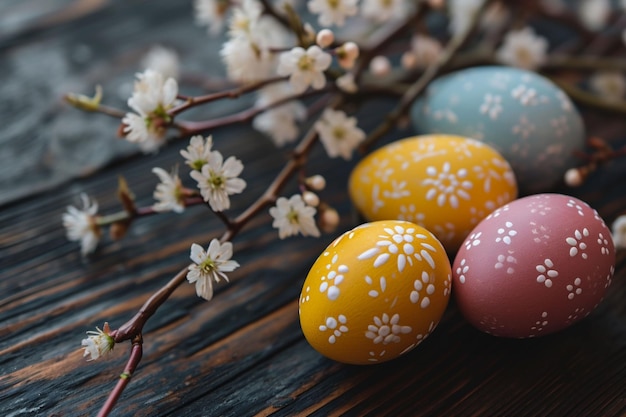 Kleurrijke geverfde paaseieren met bloemen op takken rusten op donker hout Dit beeld is doordrenkt van de feestelijke geest van de viering die in seizoensgebonden versieringsgidsen wordt weergegeven.