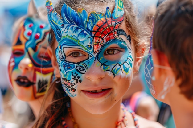 Kleurrijke gezichtsschilderijen op een glimlachend jong meisje op het zomerfestival met levendige ontwerpen en patronen