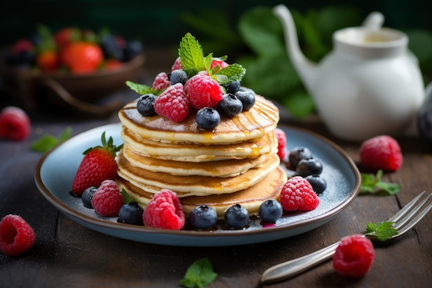 Kleurrijke gezonde ontbijt pannenkoek bord ochtend bakkerij genereren Ai