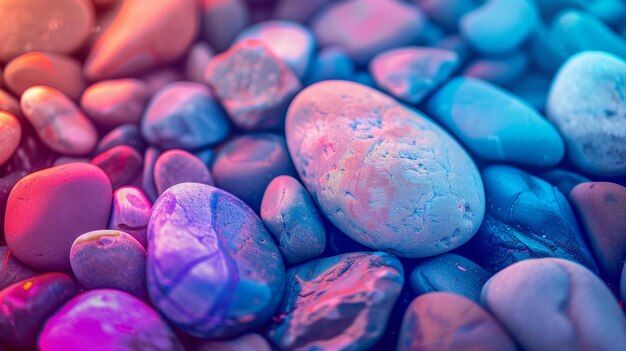 Foto kleurrijke gladde stenen met neonverlichting