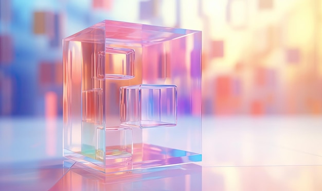 Kleurrijke glazen kubus op tafel tegen een levendig stadsbeeld AI Generative