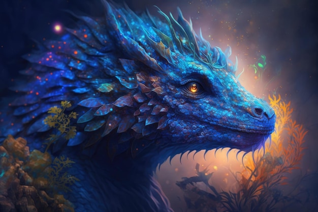 Kleurrijke gloed en mist omringen een draak in deze illustratie