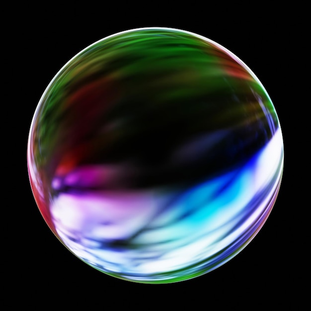 Kleurrijke gloeiende bol of zeepbel geïsoleerd op zwarte achtergrond in 3D-weergave