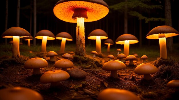 Kleurrijke gloeiende paddenstoelen in een mystiek bos.