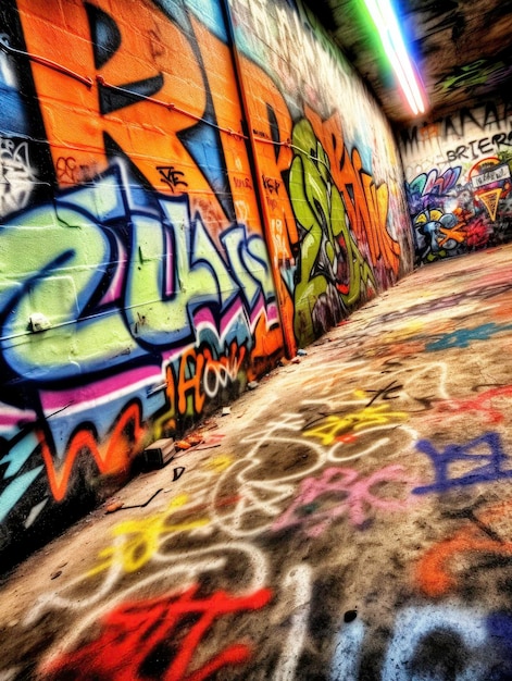 Kleurrijke Graffiti Word of Phrase op betonnen muur gegenereerd door AI