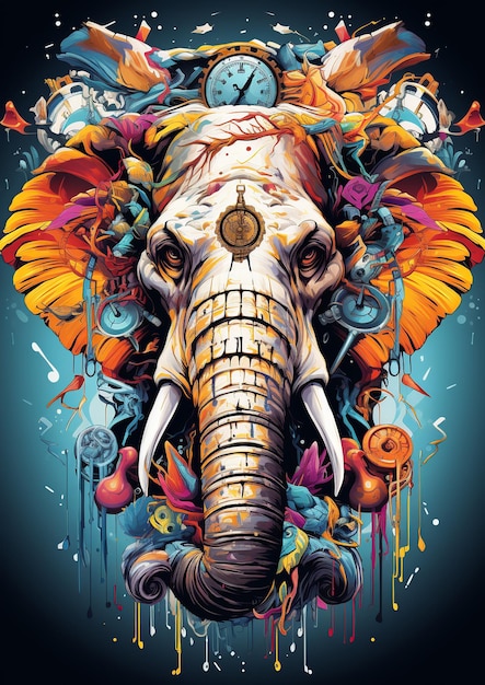 Kleurrijke graffitiillustratie van hoofd van olifant met trillende kleurenvector voor T-shirtontwerp