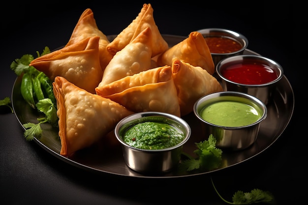 Kleurrijke groente-samosas met chutney-dips