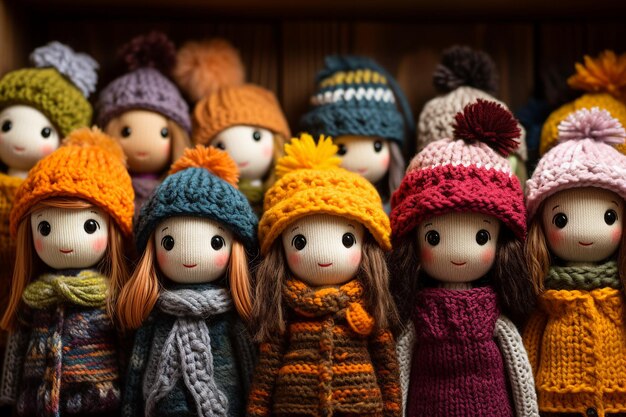 Kleurrijke handgebreide poppen met miniatuurtruien en hoeden en aangename compositie, levendige details