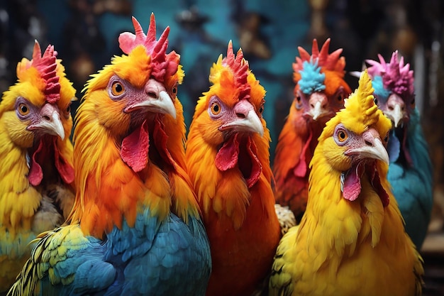 Kleurrijke hanen in een rij Kleurige hanen