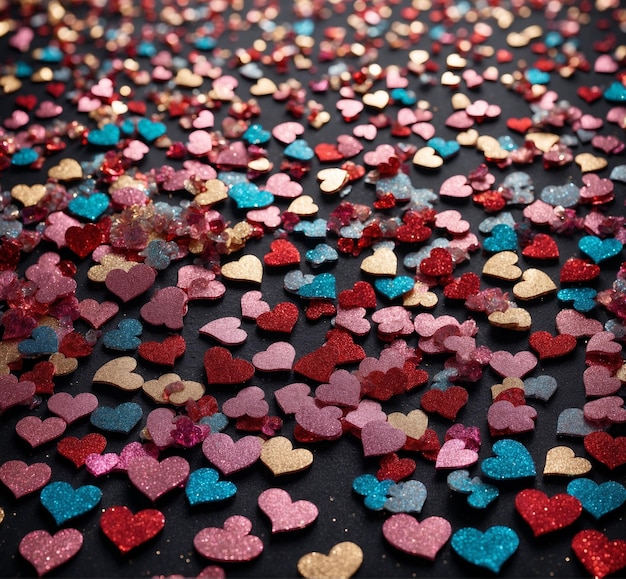 Foto kleurrijke hartconfetti op een zwarte achtergrond valentijnsdagconcept