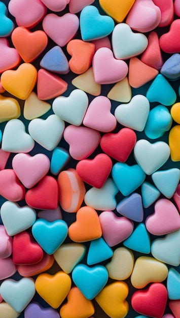 Kleurrijke hartvormige snoepjes op een blauwe achtergrond