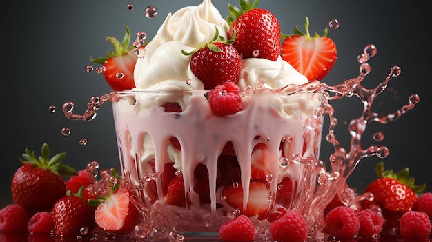 Kleurrijke heldere illustratie reclame aardbeien in crème brede bessen banner gegenereerd door AI