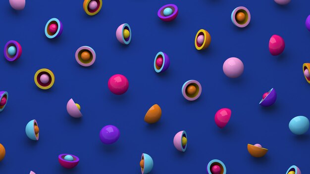 Kleurrijke hemisferen en ballen. Blauwe achtergrond. Abstracte illustratie, 3D-rendering.