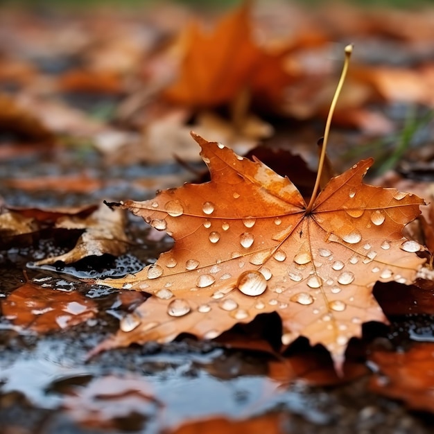 Kleurrijke herfstbladeren bedekt met sprankelende waterdruppels op een bedauwde bosbodem, een prachtig zicht op de natuur