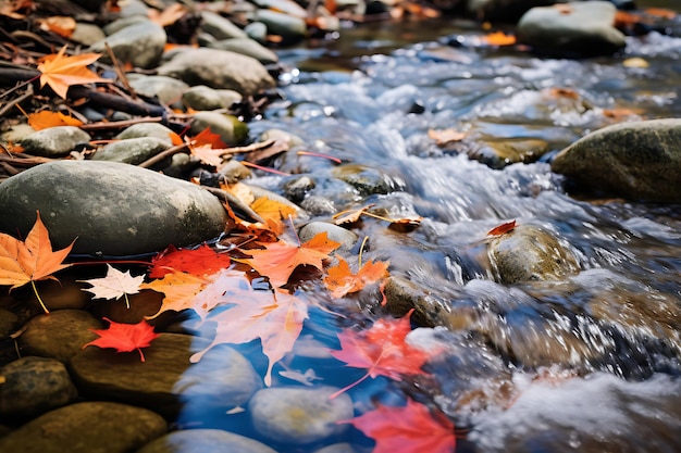 Kleurrijke herfstbladeren die het oppervlak van een rivier bedekken