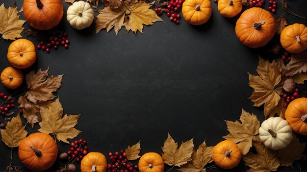 Kleurrijke herfstbladeren noten en dennenkegels Dubbele rand over een rustieke donkere banner achtergrond Boven