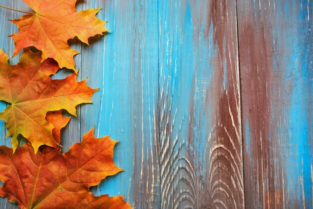 Kleurrijke herfstbladeren op blauwe en bruine houten achtergrond