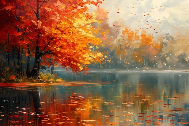 Foto kleurrijke herfstboom schilderijen op het meer