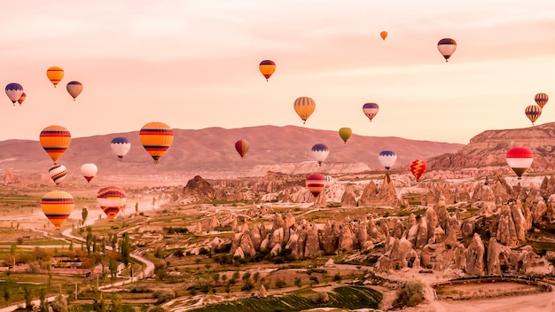 Kleurrijke hete luchtballons die over rotslandschap in Cappadocia Turkije vliegen