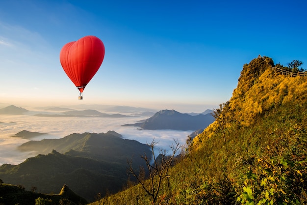 Kleurrijke heteluchtballonnen die over de berg vliegen